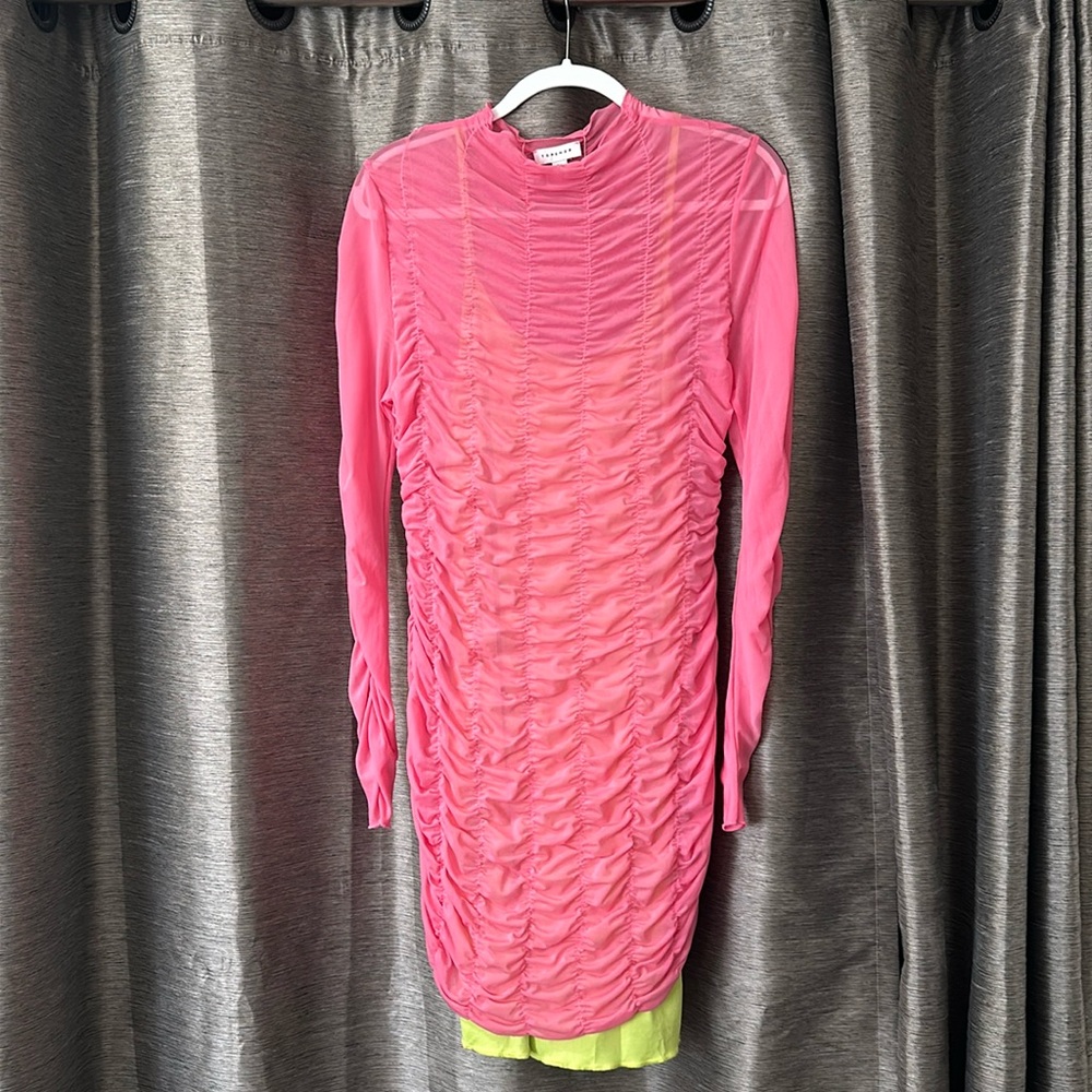 NWOT Topshop Pink Sheer Ruched Dress with Neon Slip Layer